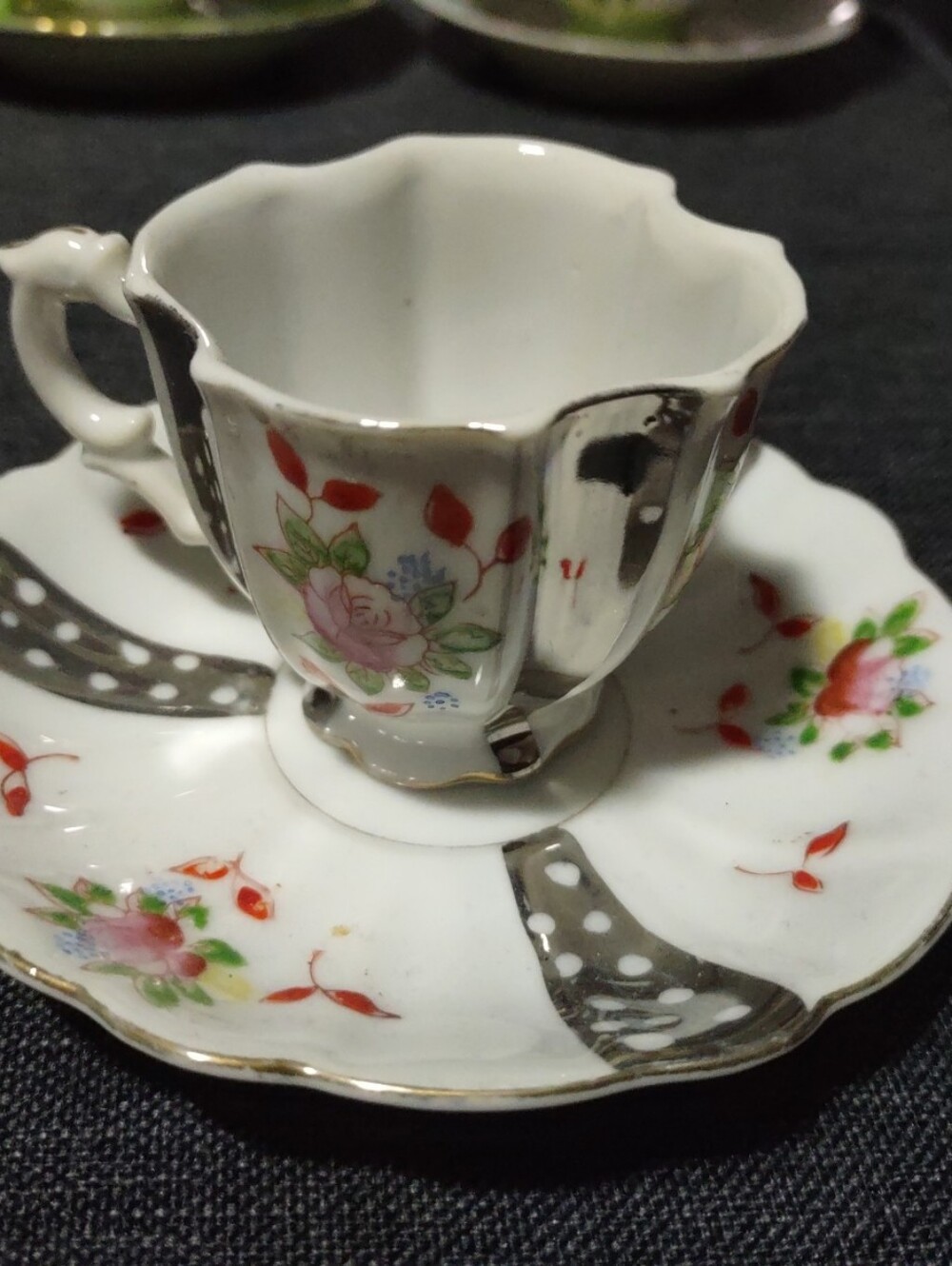 Floral Stripe Teacup Saucer Pink Blue Green Silver Made In Occupied Japan